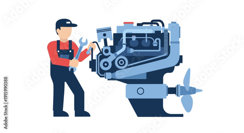 Mechanic performing maintenance on a boat engine, illustrating marine repair and technical expertise.