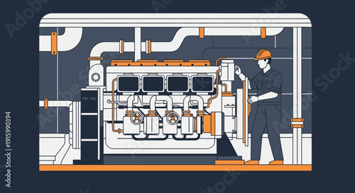 Illustration of a large industrial engine with a worker in a hard hat performing maintenance or inspection.