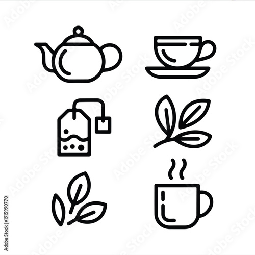 Clean Vector Illustration Set of Tea Ceremony Elements with Kettle, Cup, and Leaves in Flat Style, Representing Relaxation and Tradition