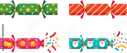 Christmas Cracker Collection with Festive Patterns and Holiday Party Popper Vector Illustration Set for Celebration Decoration and New Year Design