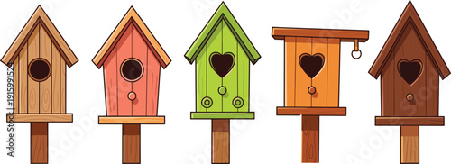 Colorful wooden birdhouse set with heart shaped entrances isolated on white background for garden decoration, spring season, and nature illustration concept