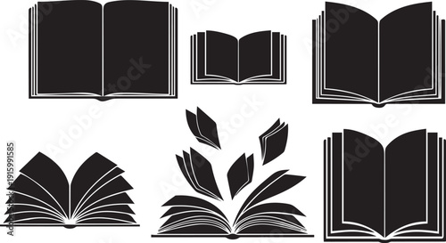 A collection of various open book silhouettes represents education and knowledge.