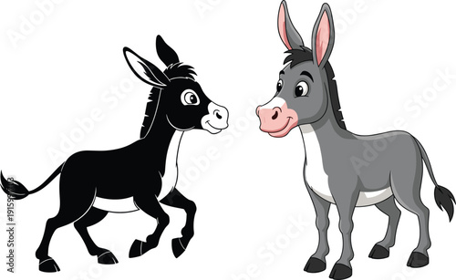 Cute cartoon donkey characters in different poses isolated on white background for farm animal theme, children illustration, and mascot design