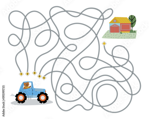 Puzzle for children's development. Bear in a car is looking for a way to the garage. Vector
