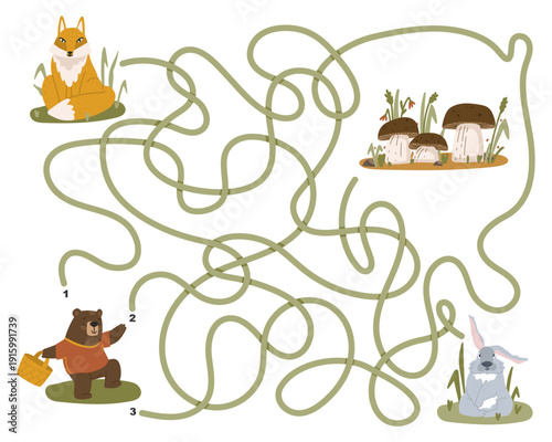 Bear is searching for the way to the mushrooms. Puzzle for children's development. Bear with a basket, a fox and a hare in the bushes, mushrooms in a clearing. Vector