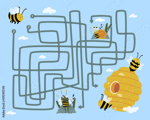 Bee searches for a way to the hive in a maze game.
Maze puzzle for kids. Printable spring break activity, a worksheet with bees and a hive.