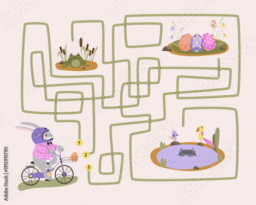 Easter maze for kids featuring a bunny on a bicycle collecting Easter eggs. Fun maze game with a cute bunny. Printable spring break activity, including a worksheet featuring a bunny
