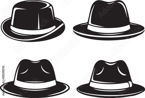 Four classic fedora hats are stylishly depicted as bold black silhouettes.