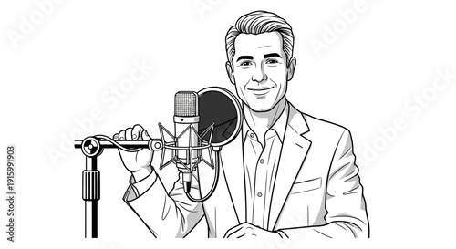 Man in suit speaking into a professional studio microphone.