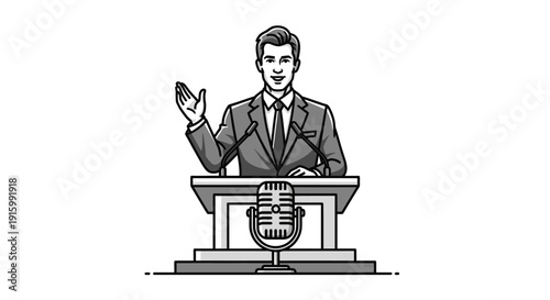 Man delivering speech at podium with microphone in black and white.