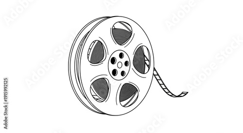 Classic Film Reel with Unspooling Film Strip in Black and White.