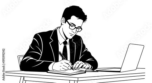 Professional man in suit and glasses writing in a notebook.