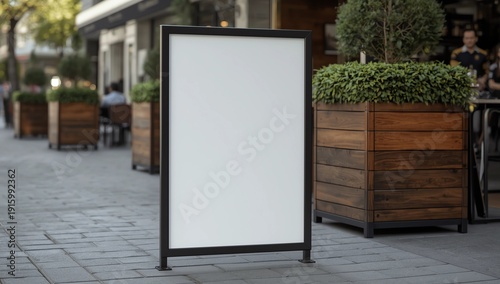 Blank white outdoor advertising stand or sandwich board mock up template. Clear street signage board placed outdoor by green tree hedges Background texture of standee at front of green tree wall 