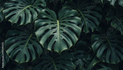 Monstera Leaves in Lush: An up-close view reveals the striking beauty of Monstera leaves, showcasing their lush, vibrant green color and intricate patterns, creating a mesmerizing natural texture.