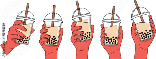 Hands Holding Bubble Tea Cups Collection with Tapioca Pearl Drink Vector Illustration Set for Beverage Branding and Cafe Design