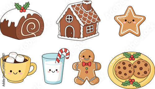 Cute Christmas dessert and drink illustration set with gingerbread, cookies, hot cocoa, and festive sweets isolated on white background