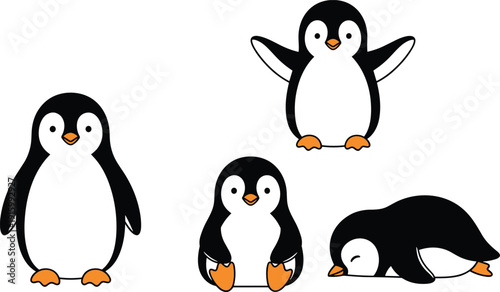 Cute Penguin Cartoon Characters Collection Featuring Standing Sitting Waving and Sleeping Poses in Flat Vector Illustration Isolated on White Background