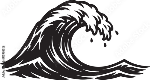 Stylized black ink illustration of a powerful ocean wave cresting