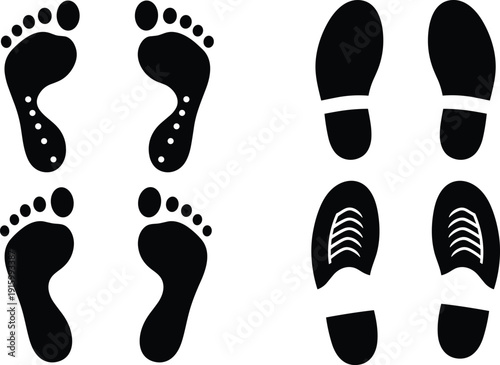 Footprint and shoe print silhouette collection isolated on white background, barefoot and sneaker sole marks vector set for tracking concept design