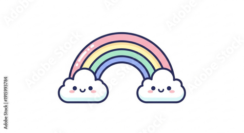 Smiling cartoon rainbow with happy clouds on white background