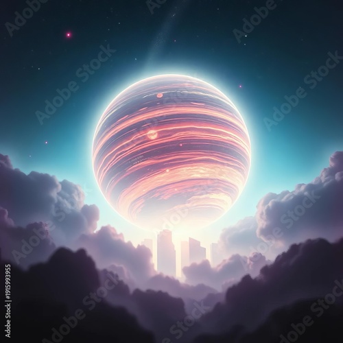 Ethereal gas giant, tilted in cosmic ballet, veiled in ancient stardust,  starfield,  lost