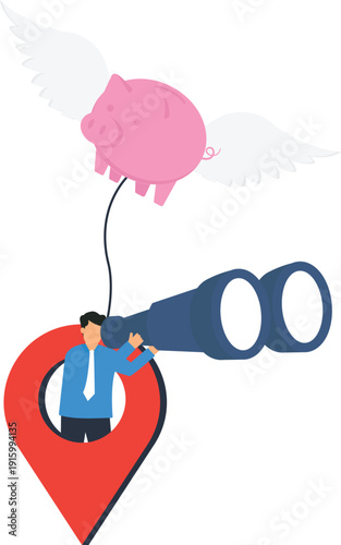 Businessman searching financial opportunity flying piggybank saving money investment strategy location finding business goal future vision conceptual finance economic search