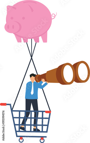 Businessman searching financial planning savings strategy investment search economic outlook market research future vision business concept piggy bank shopping cart financial freedom