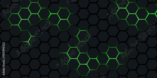 Dark technology hexagonal vector abstract background. Green bright energy flashes under hexagon in dark technology futuristic modern background vector illustration. Gray honeycomb texture grid.