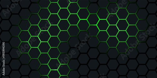 Dark technology hexagonal vector abstract background. Green bright energy flashes under hexagon in dark technology futuristic modern background vector illustration. Gray honeycomb texture grid.