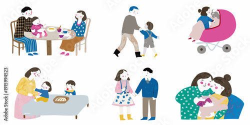 Stylized illustrations depicting various family moments and interactions