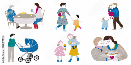 Illustrations depicting diverse families and affectionate moments in daily life
