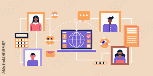 Digital connections people interacting through a central laptop interface