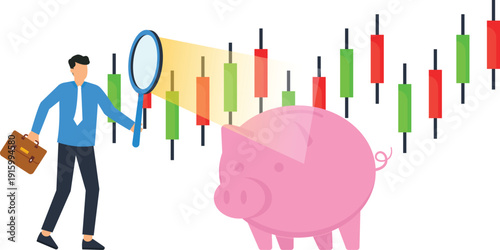 Businessman analyzing savings concept investment strategy piggy bank stock market business person magnifying glass economic growth money management trading chart future planning market research