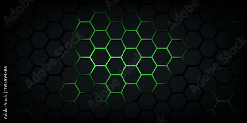 Dark technology hexagonal vector abstract background. Green bright energy flashes under hexagon in dark technology futuristic modern background vector illustration. Gray honeycomb texture grid.