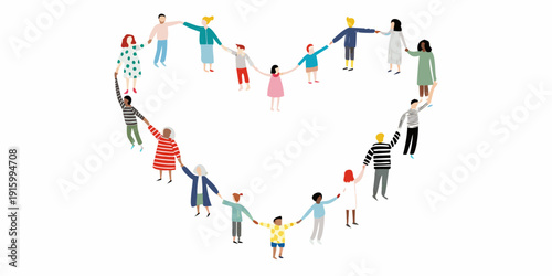 Diverse group of people forming a heart shape with joined hands