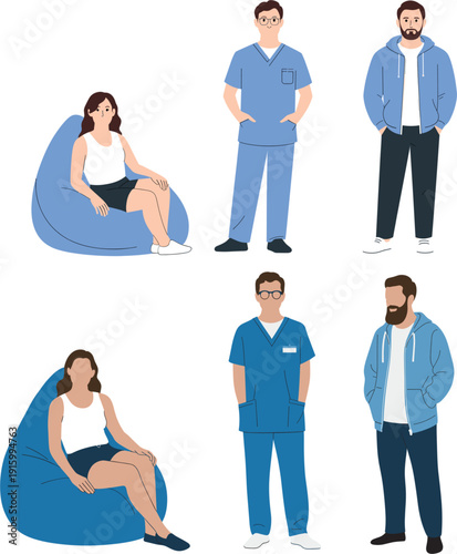 Diverse People Character Set Featuring Male Nurse in Blue Scrubs Man in Hoodie and Woman Relaxing on Bean Bag Flat Vector Illustration Isolated on White Background