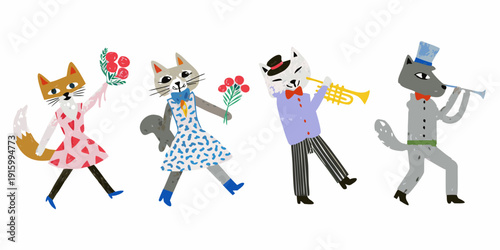 Anthropomorphic cats in formal attire playing musical instruments
