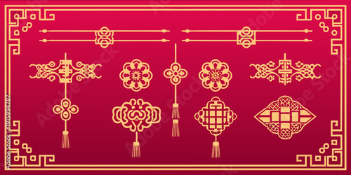 Intricate golden chinese ornaments and patterns on a vibrant red background