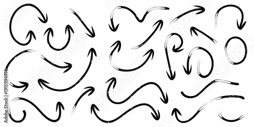 Collection of various black curved and straight arrow shapes isolated on white