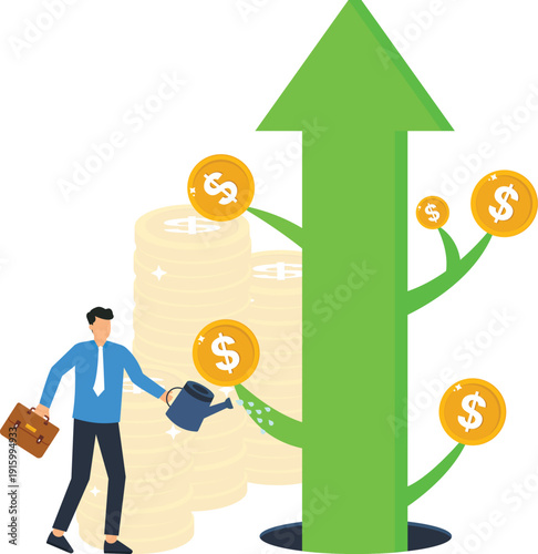 Businessman watering money tree, financial growth investment strategy, business success upward arrow, dollar coins wealth management, savings account future planning