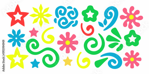 Colorful collection of abstract shapes and star stickers on white background