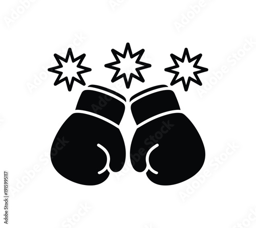 Boxing sports vector icon set, punch glove, boxing ring, knockout symbol, championship belt, and fight equipment icons for fitness branding, martial arts design, gym logos, and combat sport graphics