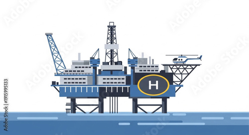 Offshore oil rig platform in the ocean with helicopter pad.