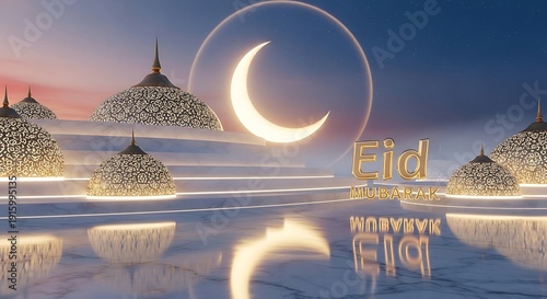 Serene winter night scene celebrating the arrival of eid under a crescent moon