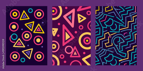 Three panels displaying vibrant geometric patterns on dark backgrounds