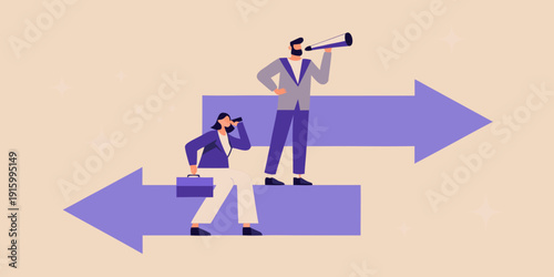 Two business people contemplating choices with arrows and a telescope