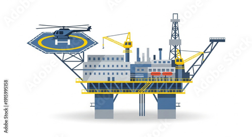 Offshore oil rig platform with helicopter landing pad.