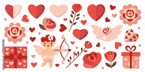 A collection of romantic illustrations including hearts roses and a cupid