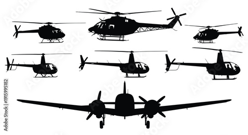 Collection of various black silhouette illustrations featuring multiple types of rotorcraft helicopters and a fixed-wing twin-engine propeller airplane viewed from different angles.