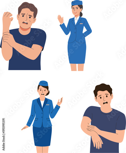Man Suffering from Skin Allergy Itching Arm and Flight Attendant Character Set Health Problem Concept Flat Vector Illustration Isolated on White Background